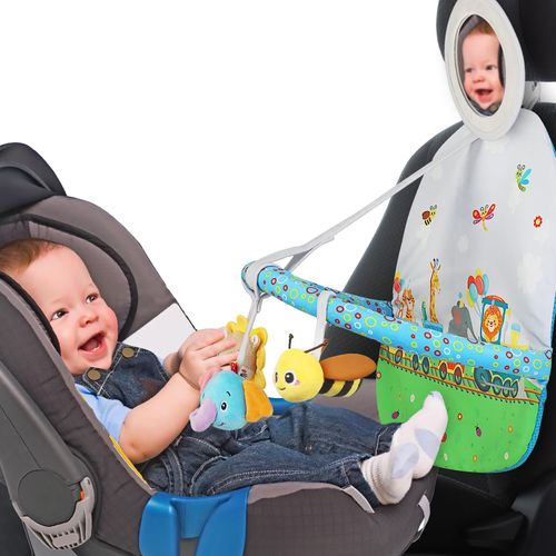 Baby in-car toy center, For long travel with Rear Mirror, Car seat Double Sided Arch activity center Hanging Squeaky toy for infant 0-36 Months