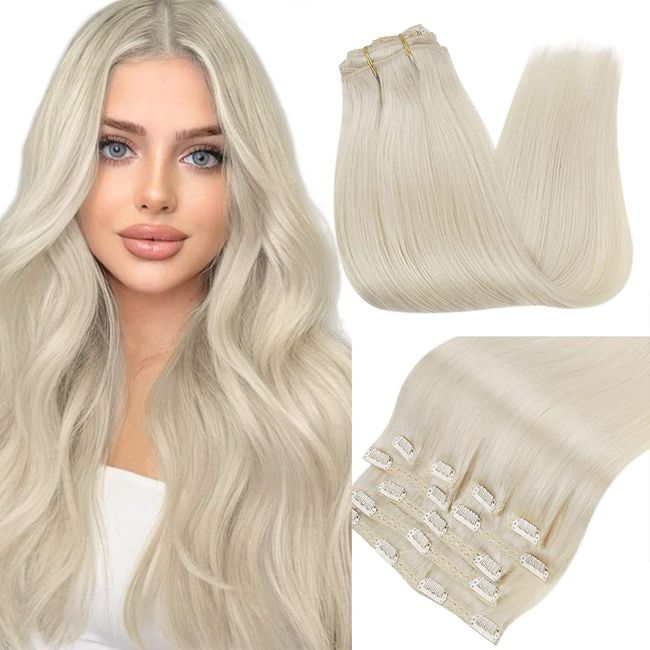 RUNATURE 22 Inch Clip in Hair Extensions Real Human Hair Blonde Double Weft Blonde Hair Extensions Clip in Human Hair for Long Hair Clip in Real Hair Extensions Double Weft 120g 7 Pieces