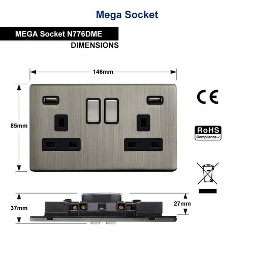 Gloss Brush Chrome USB Double Wall Plug Socket 2 Gang 13A with 2 USB Charger Port Outlets Socket Plate N776DME