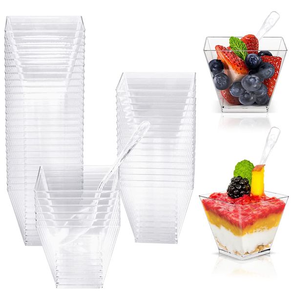 BUENTYA 50 Pcs Dessert Cups, 2oz/60ml Mini Dessert Cups Clear Plastic Dessert Square Cups Square Dessert Serving Cups Appetizer Cups with 50Pcs Spoons for Parfait, Desserts, Pudding, Yogurt, Snacks