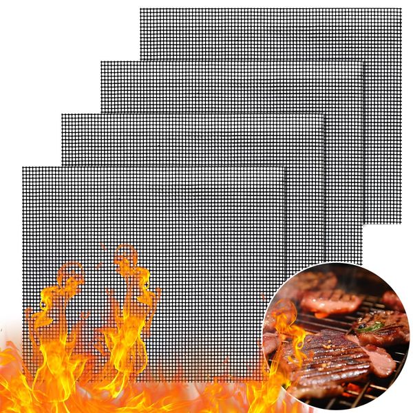 GWHOLE BBQ Netting Grill Mat bbq Net Grill Sheet Teflon Grill Net Cooking Sheet Baking Mesh Mat Grill Grilling Grate Reusable Double Sided Set of 4 (40*33cm)