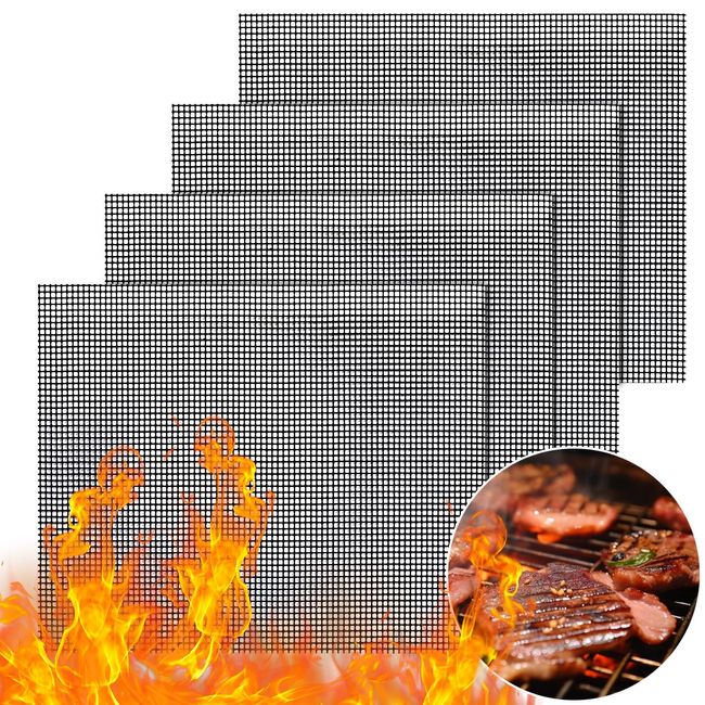 GWHOLE BBQ Netting Grill Mat bbq Net Grill Sheet Teflon Grill Net Cooking Sheet Baking Mesh Mat Grill Grilling Grate Reusable Double Sided Set of 4 (40*33cm)