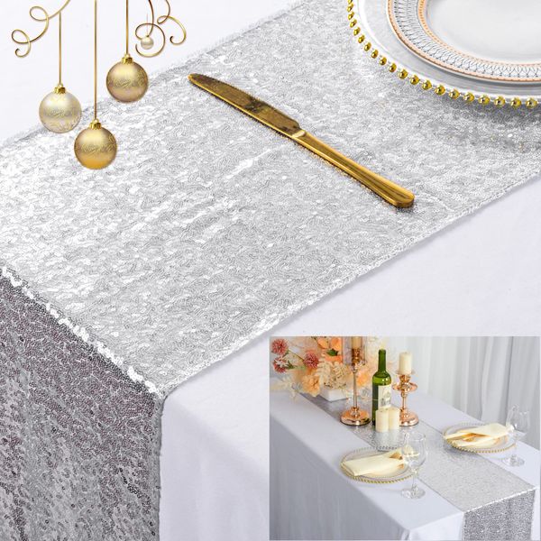 ShinyBeauty Sequin Table Runner-Silver-12x72-Inch Wedding Table Runners Bridal Shower Decor Dining Table Runner Party Supplies Glitter Table Runner Birthday Party Decor (12x72-Inch, Silver)