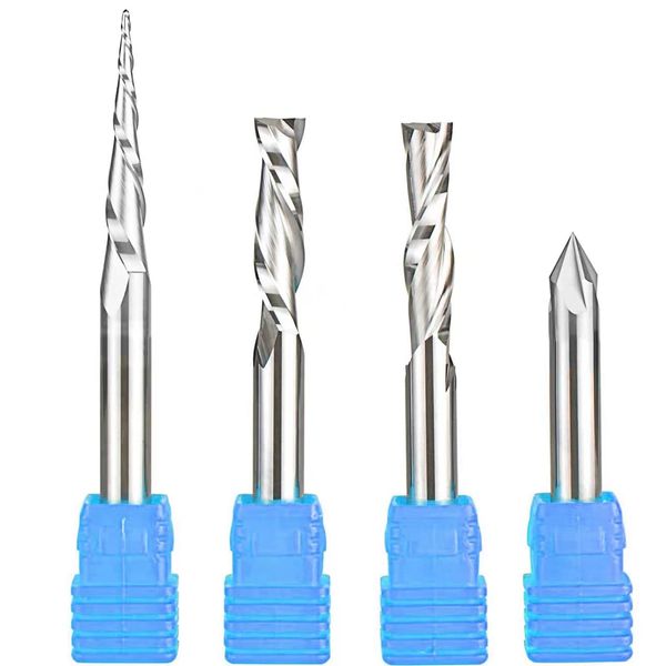 Sinoprotools 4 Pcs Solid Carbide Carving Router Bit Set 1/4 Shank,Engraving Router Bits, CNC Carving End Mills,V Groove Spiral Tapered Milling Cutter,Engraving Tools for Wood Sign Making&Lettering