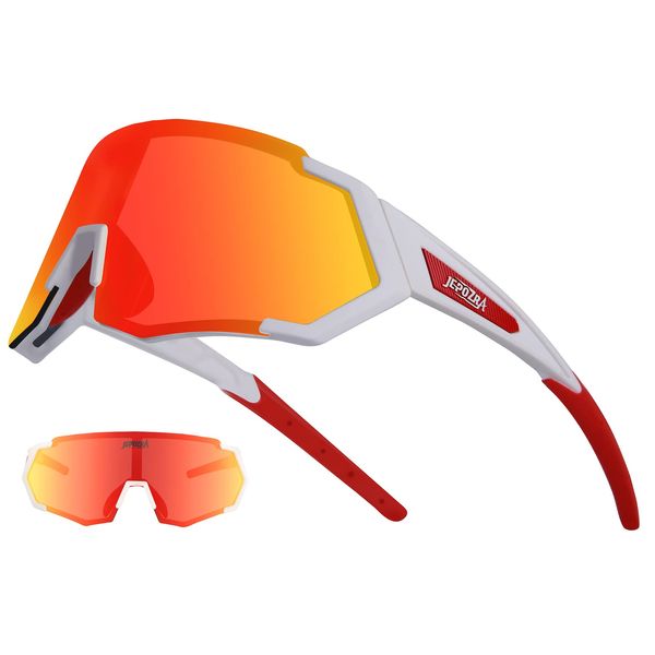 JEPOZRA Polarisiert Fahrradbrille mit 3 Wechselgläser Sports Sunglasses Anti-UV400， für MTB Klettern Angeln Unisex (White red)