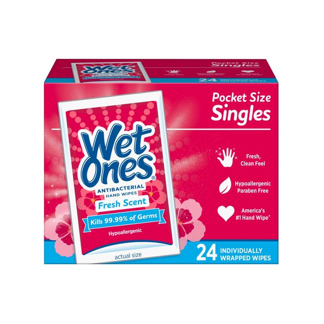 Wet Ones Singles Antibacterial Cleansing Wipes - 1 Box of 24 Singles