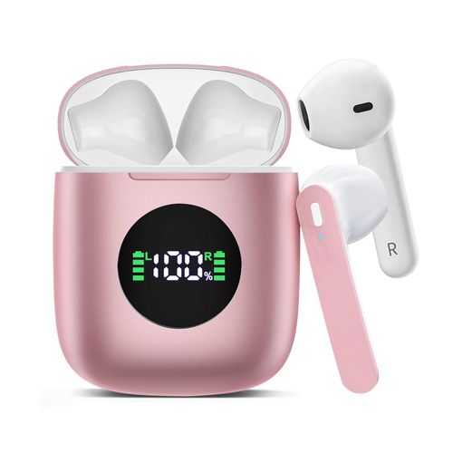 Wireless Earbuds, Bluetooth Headphones Stereo Ear Buds with Noise Cancelling Mic, 50H Playback with LED Display Charging Case, IP7 Waterproof in-Ear Earphones for Phone Laptop Sports, Pink