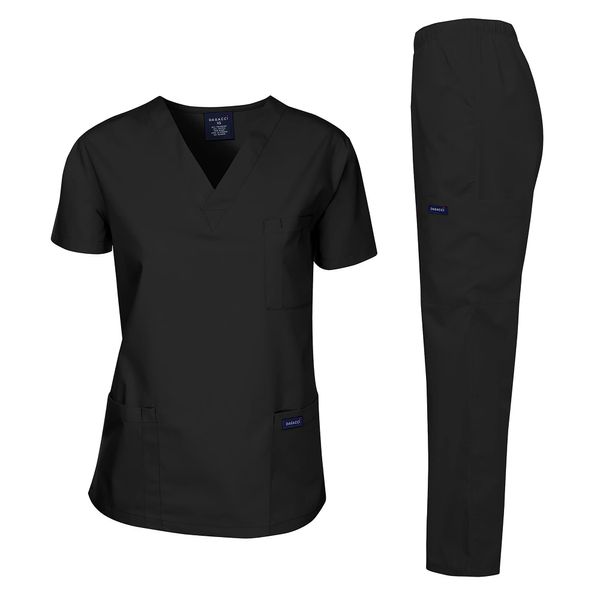 Dagacci Medical Uniform Womens and Mens Scrub Set Unisex Medical Scrub Shirt Top and Pant, Black, Medium, Short Sleeve