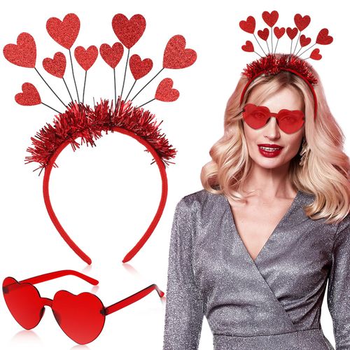 Sinmoe Pack of 2 Valentine's Day Heart Rimless Sunglasses Heart Headband Set Glitter Sequins Heart Head Bopper Headband Hippie Heart Shaped Transparent Sunglasses for Men Women Red