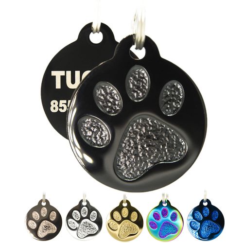 Engraved Pet Tag for Dogs and Cats - Personalized Front & Back up to 8 Lines of Text Custom Engraved ID, Round Paw Print Solid Plating Stainless Steel in 5 colors: Gold, Rose Gold, Blue, Black, Nebula
