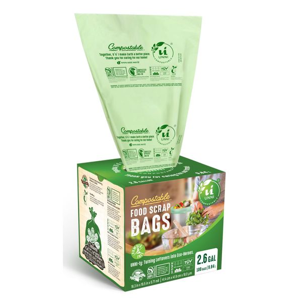 UNNI Compostable Liner Bags, 2.6 Gallon, 9.84 Liter, 100 Count, Extra Thick 0.71 Mil, Small Kitchen Food Scrap Waste Bags, ASTM D6400, US BPI, CMA & Europe OK Compost Home Certified, San Francisco