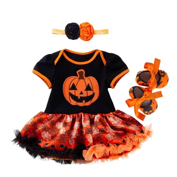 Dressy Daisy Infant Baby Girls Halloween Pumpkin Onesie Romper Fancy Party Dress Up Outfit Set with Shoes and Headband Size 6 Months