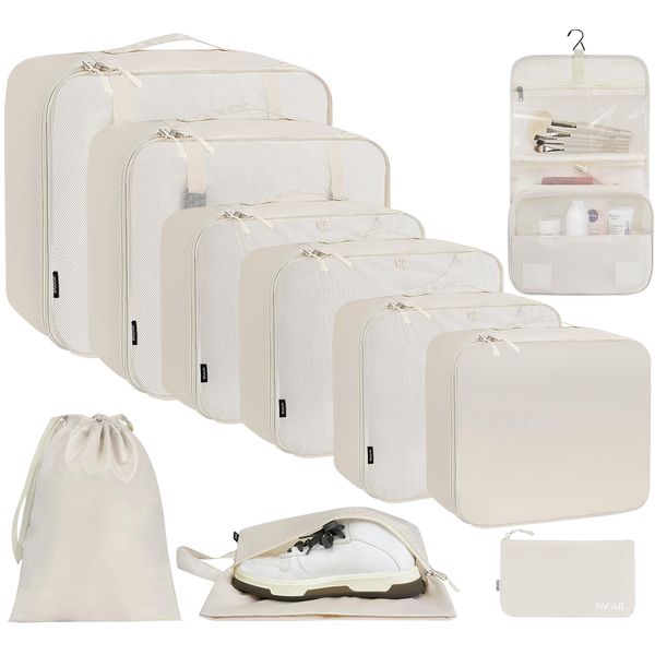 BAGAIL 10 Set Packing Cubes Various Sizes Packing Organizer for Travel Accessories Luggage Carry On Suitcase-Cream