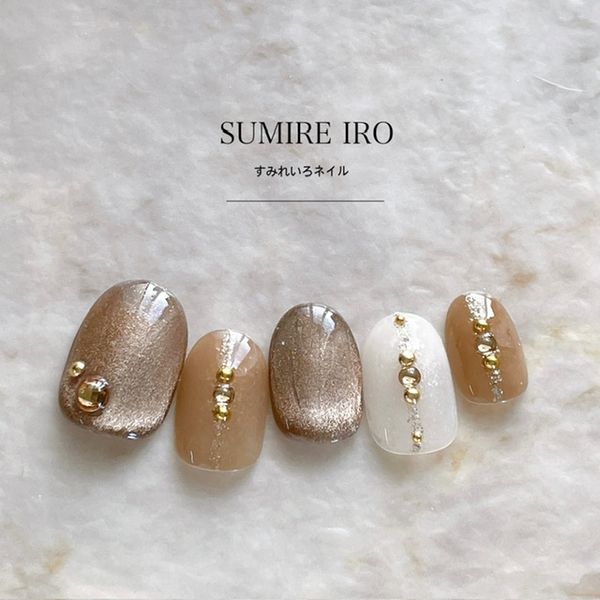 Nail tips False nails Bridal nails Short Coming-of-age nails Design Simple nails Nail Beige nails Small nails Large nails Very short Chibi nails Adult nails False nails Custom nails<br> [o2187] Brown magnetic vertical rhinestone