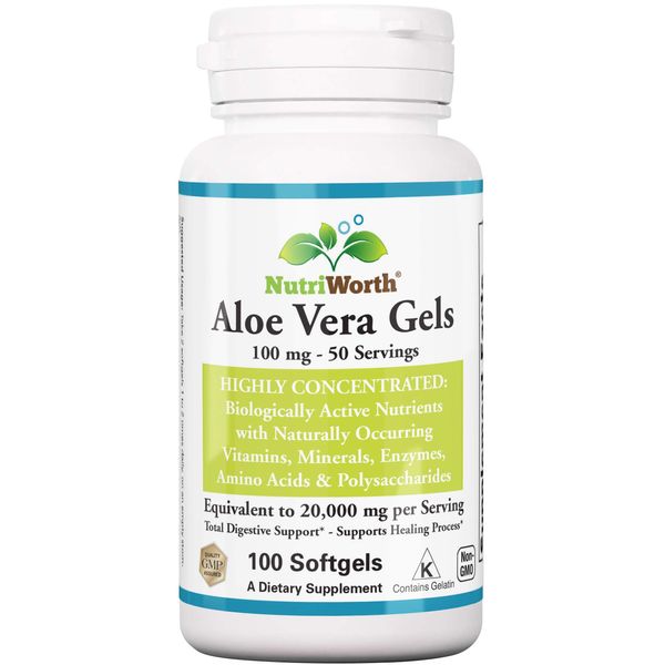 NutriWorth Aloe Vera Supplement (100 Softgels) 20,000mg Pure Gel Equivalency – Made with Organic Aloe Vera