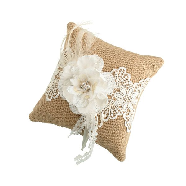 Lillian Rose Rustic Burlap Country Lace Wedding Ring Pillow, Small, Beige, Brown