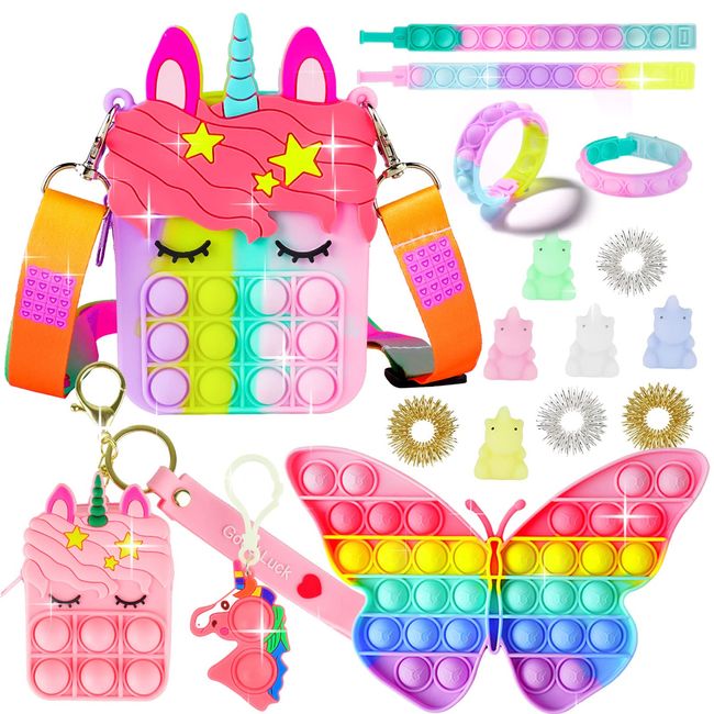 Pop Purse Pack Toy, Unicorn Rainbow Shoulder Crossbody Small Mini Little Keychain, 3 4 5 6 7 8 9 10 12 Year Old Birthday Gifts for Toddler Kids Girl, Christmas Stocking Stuffers