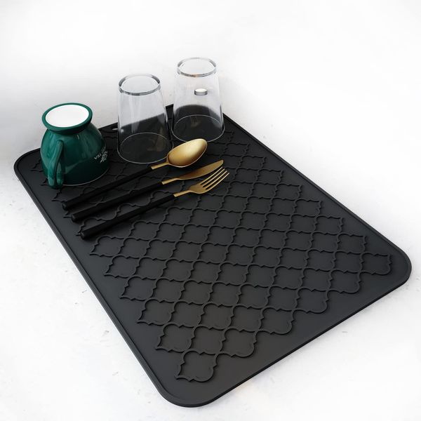 AMOAMI-Dish Drying Mats for Kitchen Counter-Silicone Dish Drying Mat-Kitchen Dish Drying Pad Heat Resistant Mat-Kitchen Gadgets Kitchen Accessories Kitchen Small Appliances (12" x 16, BLACK)