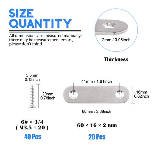 Glarks 20 Sets 60mm/2.4inch Stainless Steel Flat Straight Brace Brackets Mending Joining Plates Repair Fixing Bracket Connector and 40pcs Self Tapping Screws Set (60mm/2.4inch)