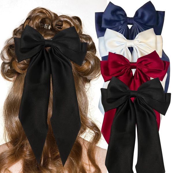 4 PCS Hair Bow, Black Hair Bows for Women, Bow for Hair Clip, Big Bows Women with Long Silky Satin Tail for Girls Barrettes Hair Fastener Accessories (Ark Blue+black+off White+wine Red)