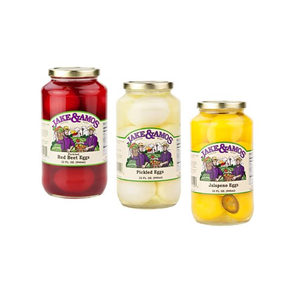 Jake & Amos Pickled Eggs Variety 3-Pack 34 oz. Jars: Red Beet Eggs, Pickled Eggs, Jalapeño Eggs