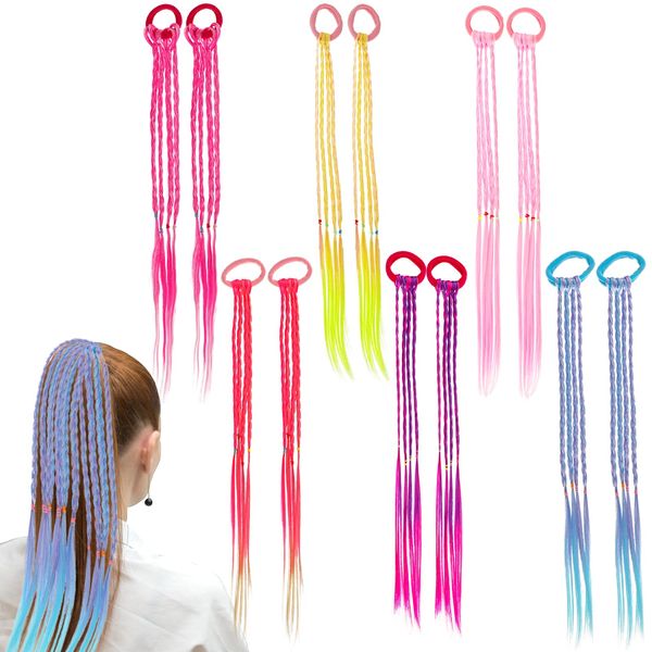 12pcs Rubber Bands Hair Extensions 17 Inch Wigs Colored Ponytail Headbands Rainbow Synthetic Hairpieces Crazy Hair Day Headwear Styling Accessories for Women Girls Kids Party Cosplay Dress Up