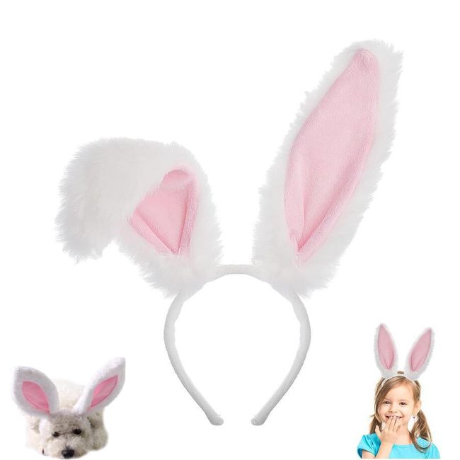 Mystiqut Pink Bunny Ears Lace Bunny Ears Hairbands Plush Cute White and Pink Headband for Costume Party Accessory