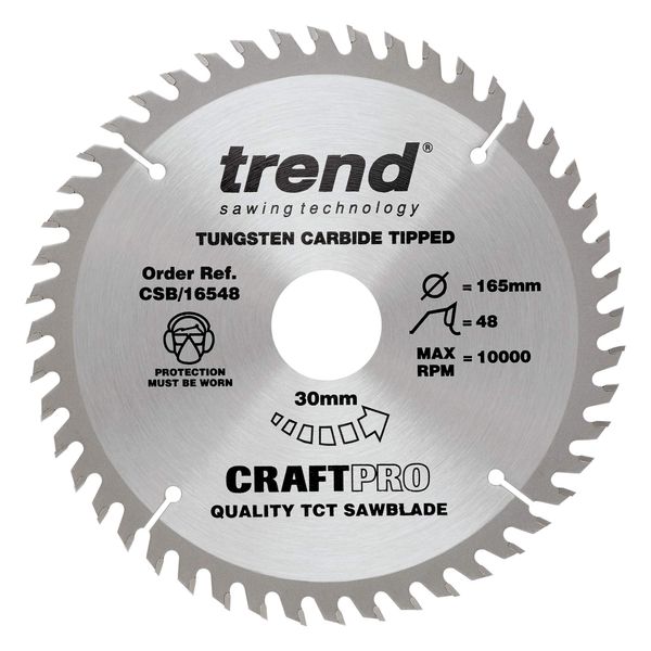 Trend Wood Circular Saw Blade, 165mm Diameter, 30mm Bore, 48 Teeth, TCT, 2.4mm Kerf, +15° Hook, CSB/16548