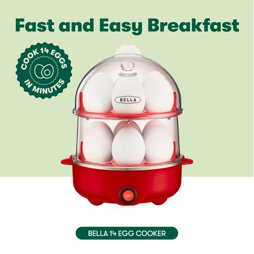 bella Rapid Electric Egg Cooker and Omelet Maker with Auto Shut Off, for Easy to Peel, Poached Eggs, Scrambled Eggs, Soft, Medium and Hard-Boiled Eggs, 14 Egg Capacity Tray, Double Tier, Red