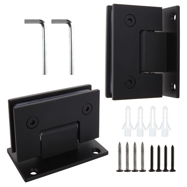 2Pack Glass Shower Door Hinges, 90 Degree Shower Hinges Replacement Parts with Mounting Hardware, Stainless Steel Bathroom Gate Clamp for 3/8” to 1/2”Glass, Black