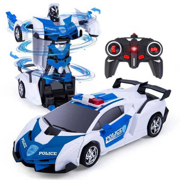 Thedttoy Transforming Toys Remote Control Transform Car 2 in 1 Remote Control Cars for Kids Boys Age 5-12, Deformation Robot RC Police Car for Kids Boys Girls (White)