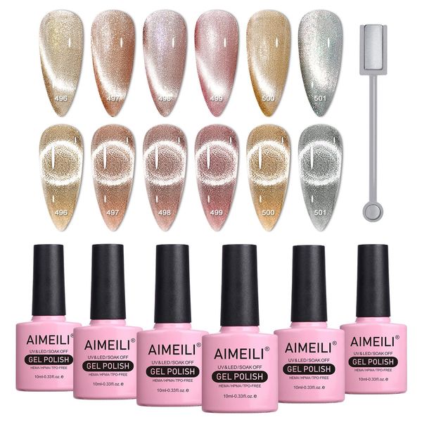 AIMEILI 9D Cat Eye Gel Nail Polish Set Smalto Semipermanente Magnetico per Unghie Kit UV LED Soak Off Set 49, 6x10ML + 1xBastone