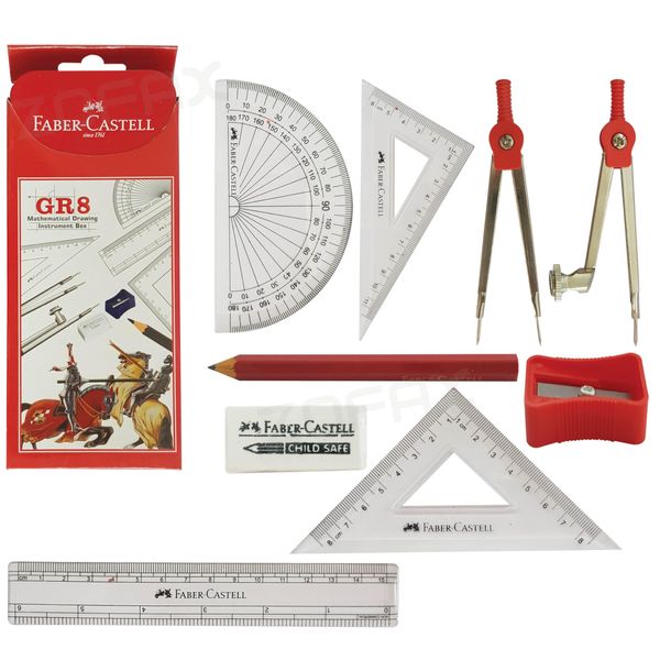 Faber-Castell GR8 Maths Geometry Tin Set, 9 Pcs Maths Compass Divider Protractor Set Squares Sharpener Eraser Ruler Pack, Student Exam Instrument Tin Case