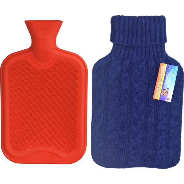 2L Hot Water Bottle with Cover for Warming Beds and Relaxing (Red, Blue Knitted Cover)