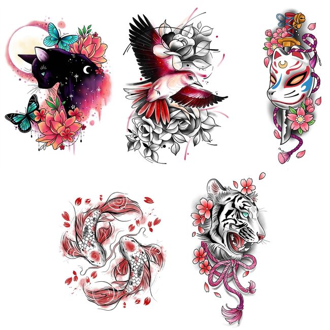 Nirbffo Fish Cat Bird Tiger Temporary Tattoo for Women 5Pieces