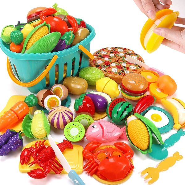 KaeKid Cutting Play Food Sets for Kids Kitchen, Pretend Play Kitchen Accessories with Basket, Cutting Fruit, Vegetable, Fast Food and Seafood, Educational Toys for Toddlers Boys Girls Age 3+