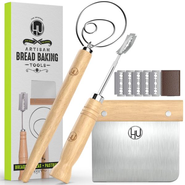 LHU Bread Making Tools and Supplies - Set of 3 - Danish Dough Whisk, Bread Lame, Bench Scraper - Dough Hook with Bread Scraper, Lame Bread Tool, Blades - Great for Baking Sourdough, Pizza, Pastry