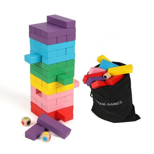Wooden Blocks Stacking Games, 48PCS Tumbling Stacking Blocks Game for Kids an...