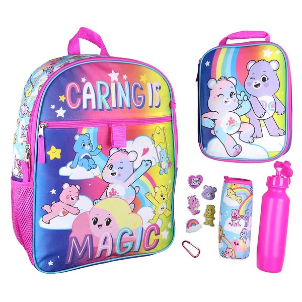 Carebears Caring Is Magic 16" Backpack Lunch Tote Water Bottle Sticker Set 5 Pc Mega Set