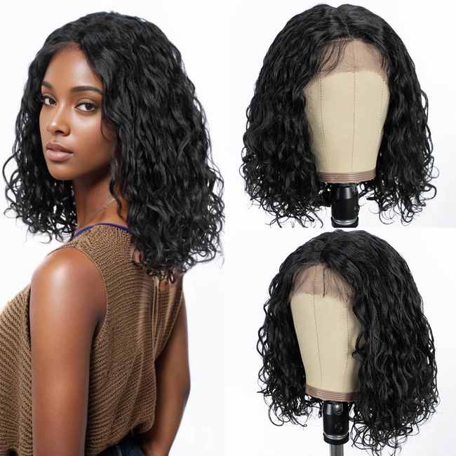 REMY FORTÉ Short Curly Wavy Bob Wig HD Lace Closure Wigs Synthetic Lace Front Wigs For Women Pre Plucked with Baby Hair Heat Resistant Fiber Wigs for Daily Party Use Natural Black 13’’