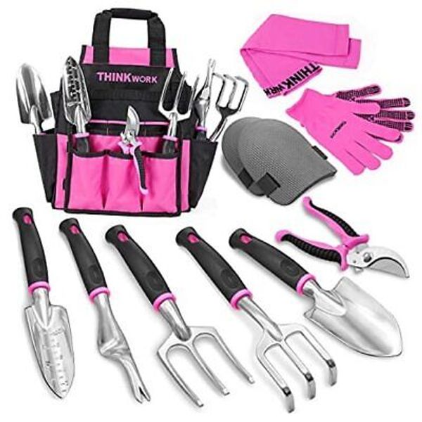 Pink Garden Tools, Gardening Gifts for Women, with 2 in 1 Detachable Storage