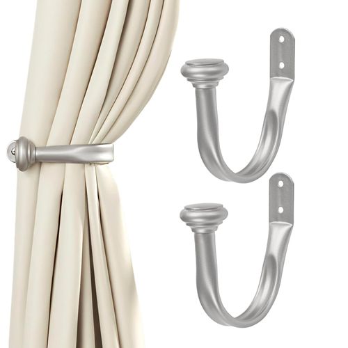 Primero Basics Silver Nickel Curtain Tiebacks - Modern Wall-Mounted Holdbacks, Durable Curtain Hooks for Drapes & Window Treatments, Elegant Curtain Holders for Wall,2 Pack