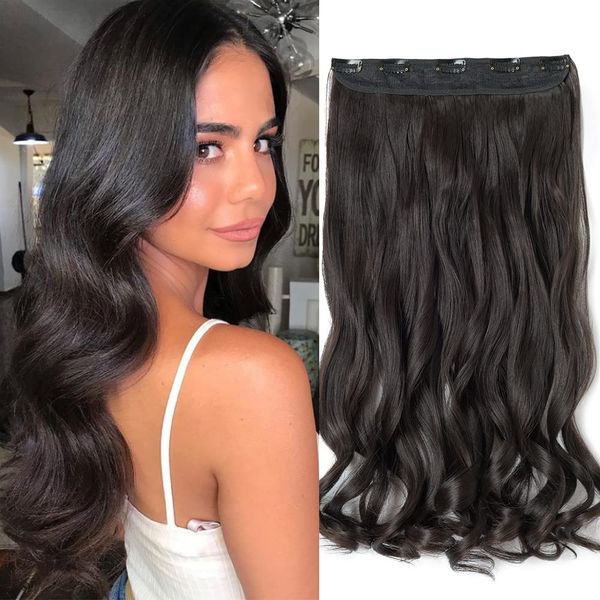 24 Inch One Piece 5 Clips Matte Material Hair Extension Curly Wavy Clip In Hairpiece Synthetic For Women Beauty, Dark Brown