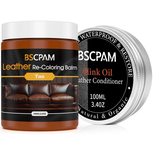 BSCPAM Leather Recoloring Balm & Mink Oil Leather Conditioner kit, Leather Color Repair Kits for Couches, leather Couch paint Scratch Repair for Furniture Car Sofa Shoes Leather Dye-Tan