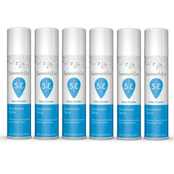 Pack of 6 Summer's Eve! Baby Powder 2oz Feminine Deodorant Spray