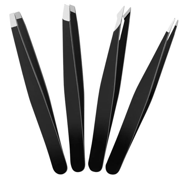 Tweezers for Facial Hair Best for Plucking Chin Facial Hair Plucking Tweezers Set for Ingrown Hair, Blackhead Removal, Eyelash Extension, Eyebrows Plucking Beauty Tool Hair for Women (Black) (4 Pcs)