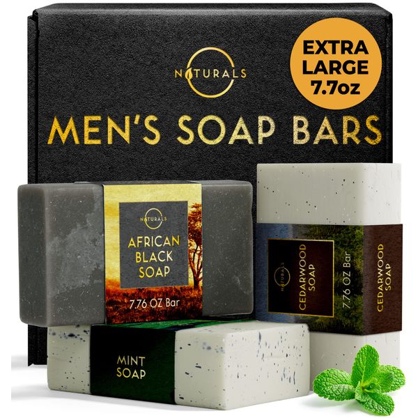 O Naturals Bar Soap for Men - 3-Pcs Mens Soap Bar - Natural Soap - Mens Soap - Body Men Soap Bars - Natural Soap for Men - Organic Men's Soap Bars - Exfoliating Bar Soap - African Black,Cedarwood,Mint