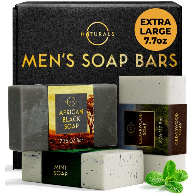 O Naturals Bar Soap for Men - 3-Pcs Mens Soap Bar - Natural Soap - Mens Soap - Body Men Soap Bars - Natural Soap for Men - Organic Men's Soap Bars - Exfoliating Bar Soap - African Black,Cedarwood,Mint