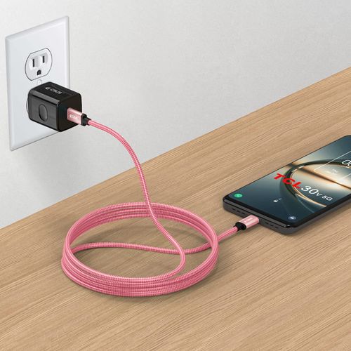 CBUS Fast Charger Block and 6ft Braided Fast Charging Cable Compatible with TCL 50 LE/XE/XL, 40 T, 40 XE 5G, 30 V 5G, 30 XL, Flip 3/Pro, Ion X, 20 Pro 5G, 20s, TCL 10 5G UW (Pink Rose Gold/Black)
