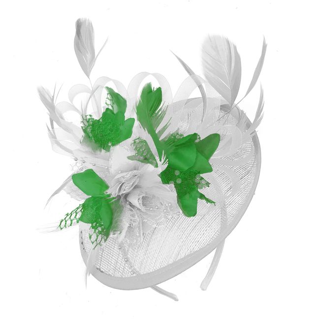 Caprilite White and Jade Green Sinamay Disc Saucer Fascinator Hat for Women Weddings Headband